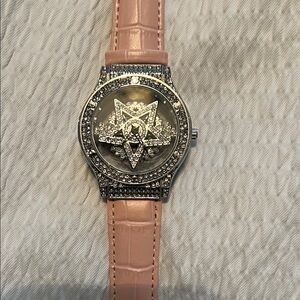 Crystal spinning  Star Pink Leather Strap Watch